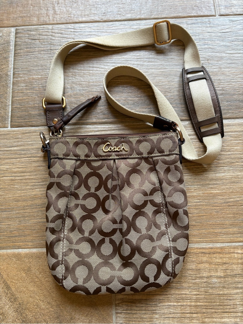 Coach Brown Signature Canvas Crossbody Swingpack with Beige Strap